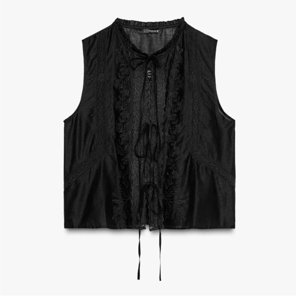 Zara Black Sleeveless Tie Front Blouse with Embroidered Lace Detail